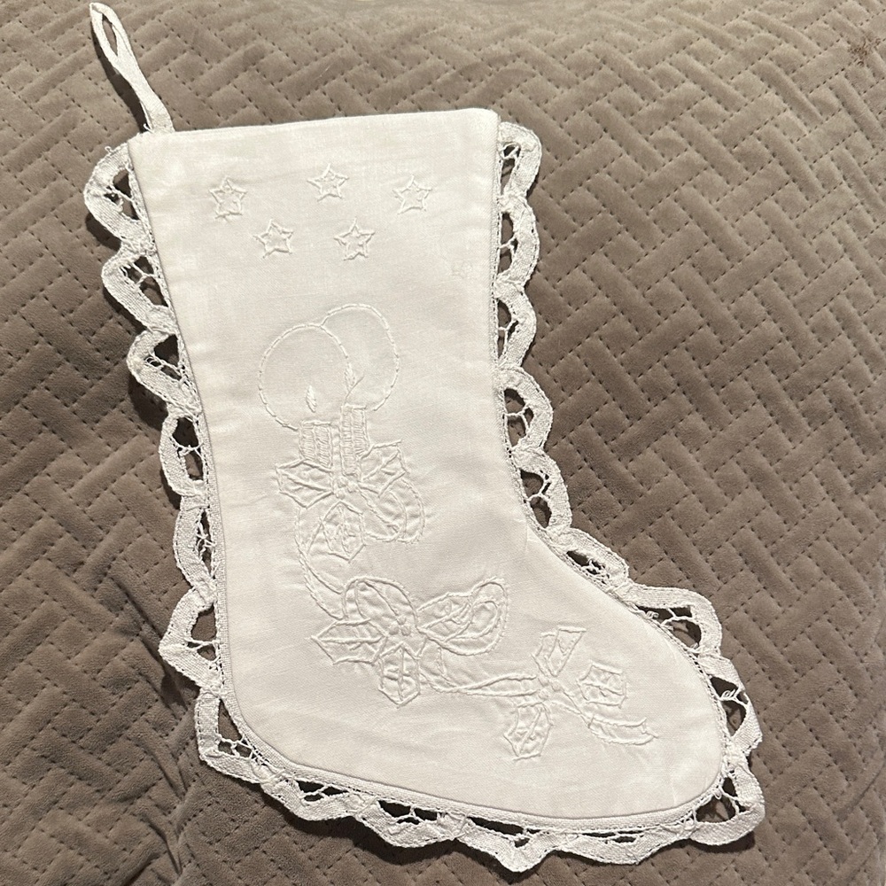 Set of 2 Christmas Stocking Vintage Battenburg Lace Victorian Style White 9"